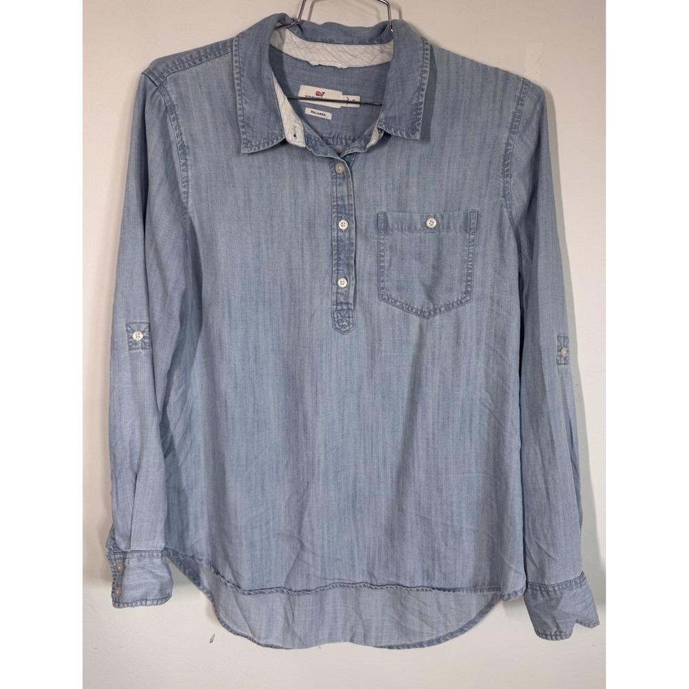 Vineyard Vines Chambray Popover Shirt Womens 10 Roll Tab Sleeves Coastal Cowgirl